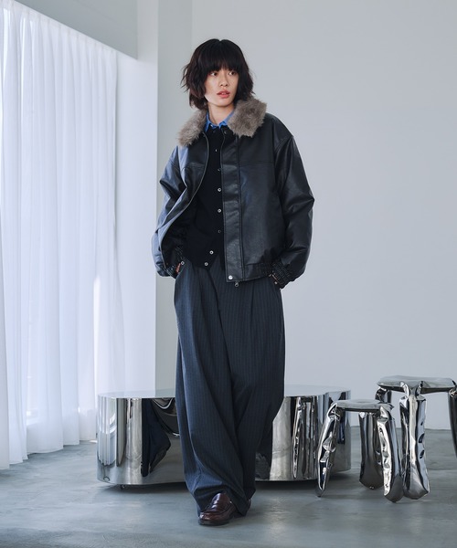 Adoon plain 2WAYフェイクファー合皮ブルゾン Mサイズ ブラック 2-WAY ARTIFICIAL GRAIN JACKET WITH FAKE FUR COLLAR / 2WAYフェイク