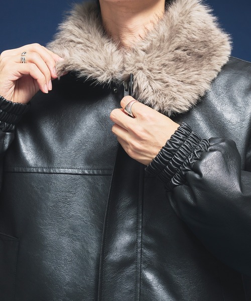 Adoon plain 2WAYフェイクファー合皮ブルゾン Mサイズ ブラック Adoon plain ブルゾン アウター 2-WAY ARTIFICIAL GRAIN JACKET WITH