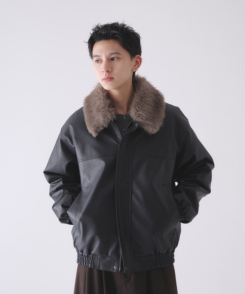 2-WAY ARTIFICIAL GRAIN JACKET WITH FUR COLLAR / 2WAY襟ファー
