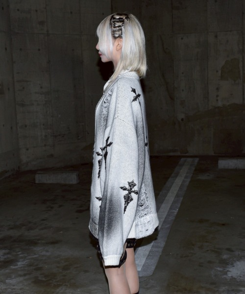 REFLEM/レフレム』顔料加工クロス総柄ニットカーディガン