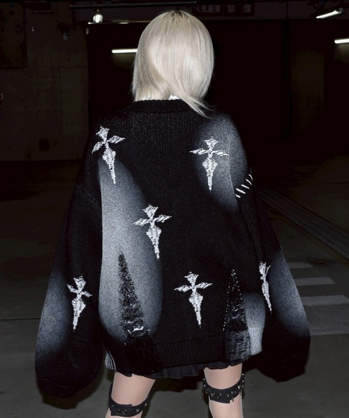 REFLEM/レフレム』顔料加工クロス総柄ニットカーディガン