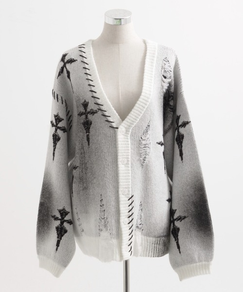 REFLEM/レフレム』顔料加工クロス総柄ニットカーディガン