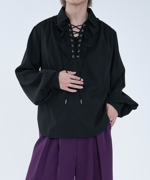 Ellno Loset（エルノロゼット）の「レースアップフリルシャツ（シャツ/ブラウス・メンズ・ブラック/オフホワイト・SMALL/MEDIUM/LARGE）」の14枚目の写真