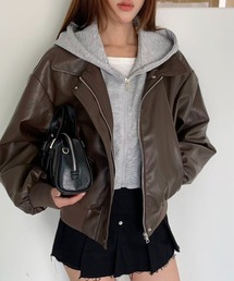 DIAVEL（ディアベル）の「【25秋冬新作】フェイクレイヤード フード付きレザージャケット/レイヤード風ショートアウター（ブルゾン）」