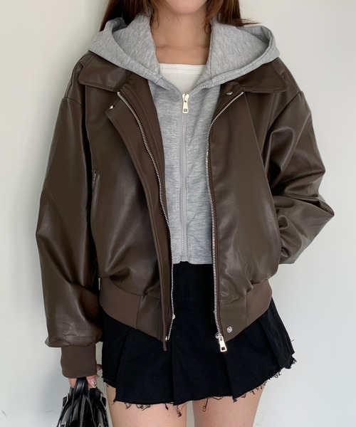 セール】【25秋冬新作】フェイクレイヤード フード付きレザー