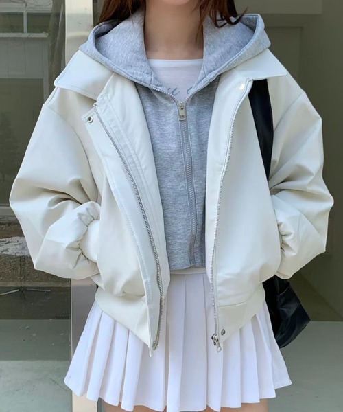 セール】【25秋冬新作】フェイクレイヤード フード付きレザー