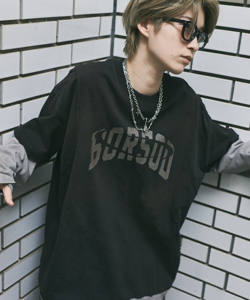 ILL'S(イルズ)の「汚れ加工フェイクレイヤードプリントロンT(Tシャツ/カットソー・メンズ・ブラック/アイボリー・L/M)」の1枚目の写真