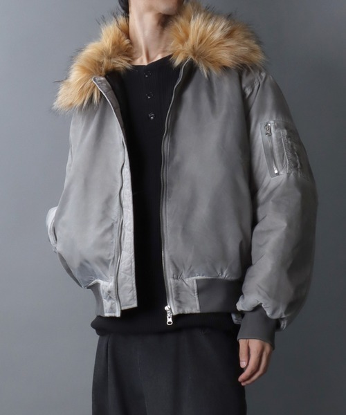 SITRY（シトリー）の「Nylon B-15 Flight Jacket/衿ファー脱着 オーバーサイズ ダブルジップ ナイロン ヴィンテージライク B-15 フライトジャケット ブルゾン（ミリタリージャケット・メンズ・グレー/カーキ/ブラック・L/M）」の10枚目の写真