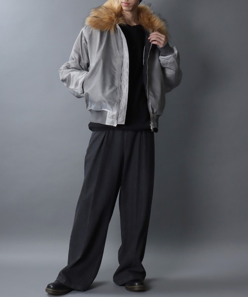 SITRY（シトリー）の「Nylon B-15 Flight Jacket/衿ファー脱着 オーバーサイズ ダブルジップ ナイロン ヴィンテージライク B-15 フライトジャケット ブルゾン（ミリタリージャケット・メンズ・グレー/カーキ/ブラック・L/M）」の12枚目の写真