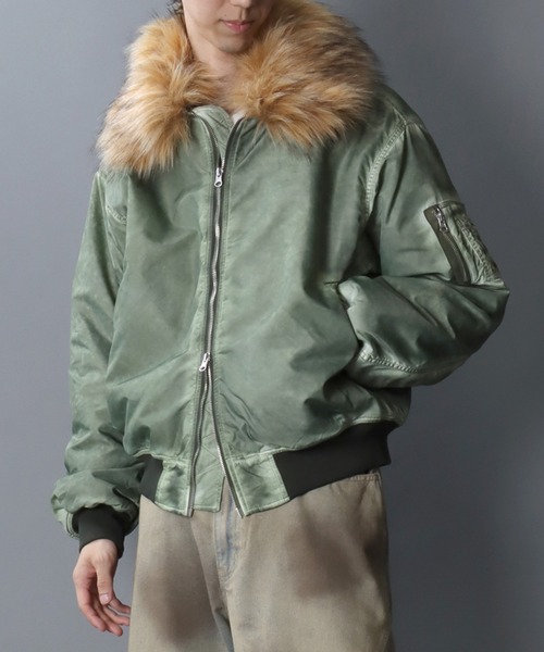 SITRY（シトリー）の「Nylon B-15 Flight Jacket/衿ファー脱着 オーバーサイズ ダブルジップ ナイロン ヴィンテージライク B-15 フライトジャケット ブルゾン（ミリタリージャケット・メンズ・グレー/カーキ/ブラック・L/M）」の19枚目の写真