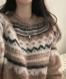 美品 Né-net ノルディック柄調 ニット リネン ブレンド ライトベージュ セール】「ノルディック柄ニット」に該当するベージュ系のファッション