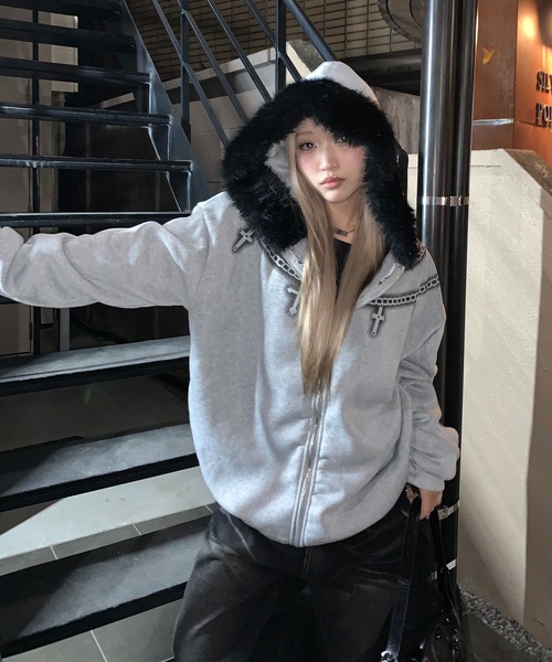 SCULPTOR ファー付きアウター y2k 韓国 フーディー パーカー ファー付きパーカーでY2Kギャル感UP💋 セクシーもカジュアルもどっちも