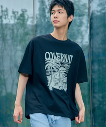 クールコットンサンセットトロピカルグラフィックTシャツブラック