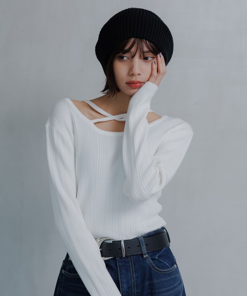 PAGEBOY(ページボーイ)の「クロスデザインニットプルオーバー(ニット/セーター・レディース・オフホワイト/ホワイト系その他/ブラック/イエロー・FREE)」の7枚目の写真