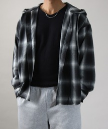 NYLAUS | 【Nylaus】フード付き カットオフデザイン オンブレチェック シャツ ネルシャツ オーバーサイズシャツ 長袖シャツ(シャツ/ブラウス)