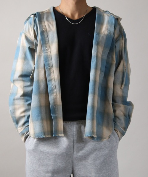 NYLAUS(ナイラス)の「【Nylaus】フード付き カットオフデザイン オンブレチェック シャツ ネルシャツ オーバーサイズシャツ 長袖シャツ(シャツ/ブラウス・メンズ・ブルー/ブラック/ブラウン・L/M)」の22枚目の写真