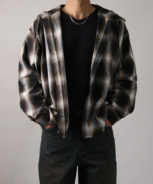 NYLAUS(ナイラス)の「【Nylaus】フード付き カットオフデザイン オンブレチェック シャツ ネルシャツ オーバーサイズシャツ 長袖シャツ(シャツ/ブラウス・メンズ・ブルー/ブラック/ブラウン・L/M)」の12枚目の写真