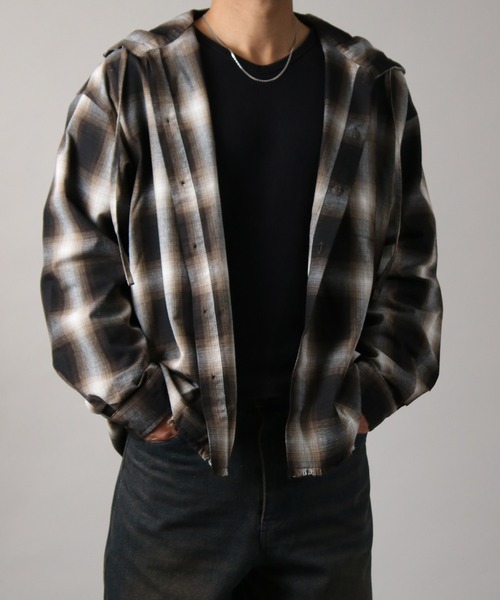 NYLAUS(ナイラス)の「【Nylaus】フード付き カットオフデザイン オンブレチェック シャツ ネルシャツ オーバーサイズシャツ 長袖シャツ(シャツ/ブラウス・メンズ・ブルー/ブラック/ブラウン・L/M)」の13枚目の写真