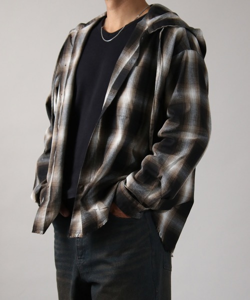 NYLAUS(ナイラス)の「【Nylaus】フード付き カットオフデザイン オンブレチェック シャツ ネルシャツ オーバーサイズシャツ 長袖シャツ(シャツ/ブラウス・メンズ・ブルー/ブラック/ブラウン・L/M)」の16枚目の写真