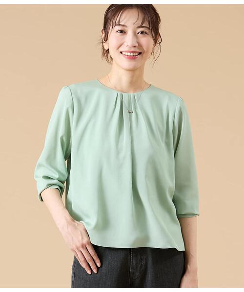 NEWYORKER(ニューヨーカー)の「TR天竺&ストレッチデシン ドッキングブラウス(Tシャツ/カットソー・レディース・ライトグレー/ピンク/ライトグリーン・M/L)」の2枚目の写真