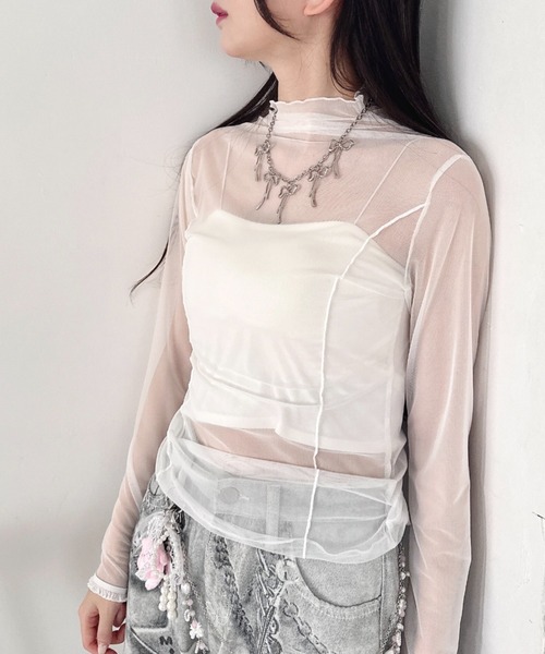 Loueme(ルエム)の「【フラワー&無地】プチレースハイネックシアートップス(Tシャツ/カットソー・レディース・ブラック系その他/ブラック/ホワイト/ホワイト系その他/パープル系その他・FREE)」の1枚目の写真