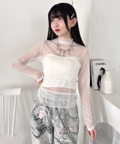 Loueme(ルエム)の「【フラワー&無地】プチレースハイネックシアートップス(Tシャツ/カットソー・レディース・ブラック系その他/ブラック/ホワイト/ホワイト系その他/パープル系その他・FREE)」の9枚目の写真