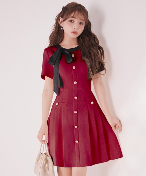sugar nine(シュガーナイン)の「【ワンピース】リボンプリーツフレアワンピース(ワンピース・レディース・イエロー/レッド/ピンク/グレー・X-SMALL/SMALL/MEDIUM)」の2枚目の写真