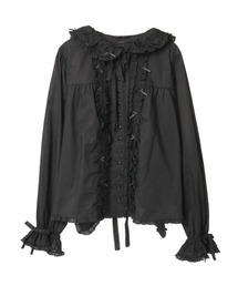 ワンダフルワールドピンタックフリル付ブラック長袖ブラウスシャツピンクハウス好きに ワンダフルワールドピンタックフリル付ブラック長袖ブラウスシャツ