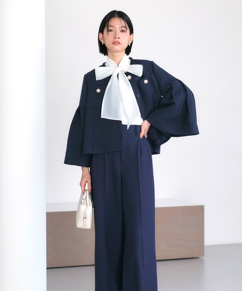 ストレッチ ｜ ノーカラー ショート フレア ジャケット ワイドパンツ