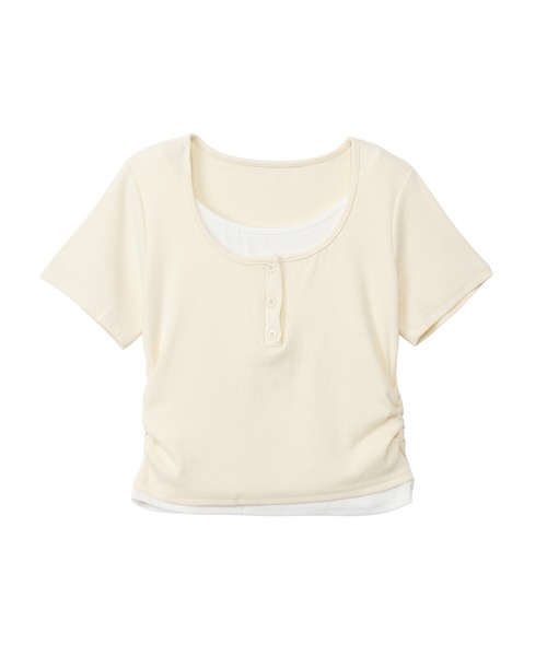 Ada.（エイダ）の「サイドギャザー レイヤード風 ヘンリーネック トップス◎（Tシャツ/カットソー・レディース・ブラック/グリーン/イエロー/グレー/ホワイト/レッド・FREE）」の10枚目の写真