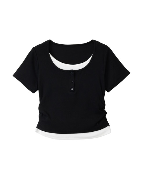 Ada.（エイダ）の「サイドギャザー レイヤード風 ヘンリーネック トップス◎（Tシャツ/カットソー・レディース・ブラック/グリーン/イエロー/グレー/ホワイト/レッド・FREE）」の8枚目の写真