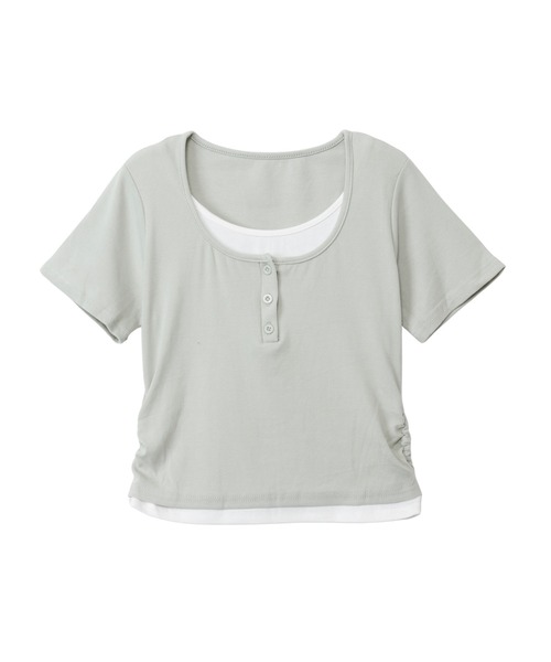 Ada.（エイダ）の「サイドギャザー レイヤード風 ヘンリーネック トップス◎（Tシャツ/カットソー・レディース・ブラック/グリーン/イエロー/グレー/ホワイト/レッド・FREE）」の9枚目の写真
