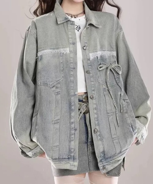 ViViDAY(ビビデー)の「フロントリボン&レース ビッグシルエットデニムジャケット(デニムジャケット・レディース・サックスブルー・M)」の5枚目の写真