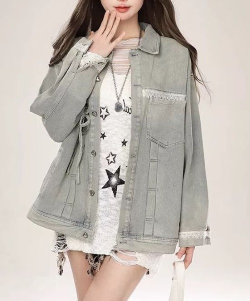 ViViDAY(ビビデー)の「フロントリボン&レース ビッグシルエットデニムジャケット(デニムジャケット・レディース・サックスブルー・M)」の6枚目の写真