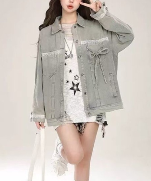 ViViDAY(ビビデー)の「フロントリボン&レース ビッグシルエットデニムジャケット(デニムジャケット・レディース・サックスブルー・M)」の8枚目の写真