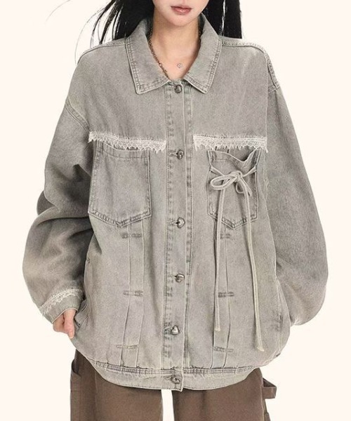ViViDAY(ビビデー)の「フロントリボン&レース ビッグシルエットデニムジャケット(デニムジャケット・レディース・サックスブルー・M)」の14枚目の写真