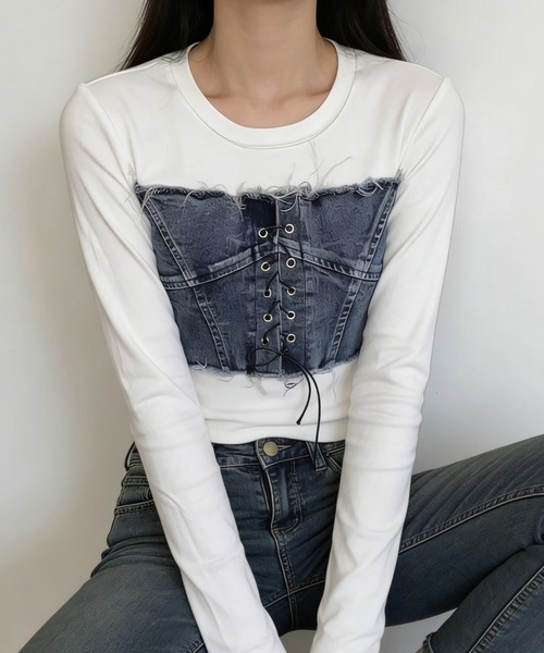 GEMEDA(ジェメダ)の「【26春新作】ビスチェ風レースアップロングTee(Tシャツ/カットソー・レディース・モカ/ホワイト/カーキ・M)」の9枚目の写真