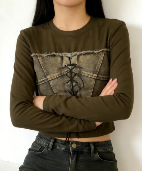 GEMEDA(ジェメダ)の「【26春新作】ビスチェ風レースアップロングTee(Tシャツ/カットソー・レディース・モカ/ホワイト/カーキ・M)」の12枚目の写真