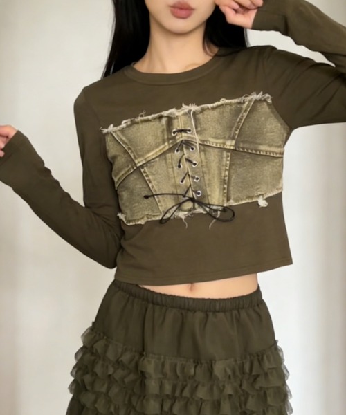 GEMEDA(ジェメダ)の「【26春新作】ビスチェ風レースアップロングTee(Tシャツ/カットソー・レディース・モカ/ホワイト/カーキ・M)」の14枚目の写真