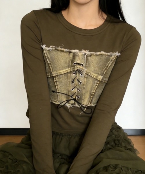 GEMEDA(ジェメダ)の「【26春新作】ビスチェ風レースアップロングTee(Tシャツ/カットソー・レディース・モカ/ホワイト/カーキ・M)」の16枚目の写真