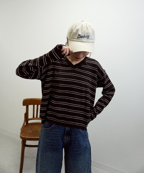 gossara（ゴサラ）の「【秋まで使える】Vネックリネン混プルオーバー（Tシャツ/カットソー・レディース・オフホワイト/ネイビー/ブラウン・FREE）」の11枚目の写真