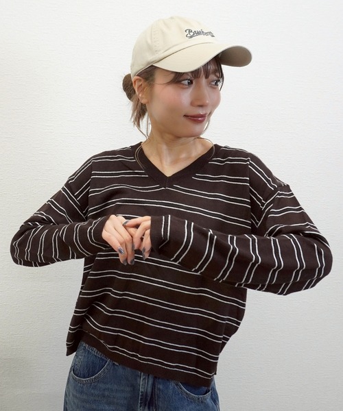 gossara（ゴサラ）の「【秋まで使える】Vネックリネン混プルオーバー（Tシャツ/カットソー・レディース・オフホワイト/ネイビー/ブラウン・FREE）」の10枚目の写真