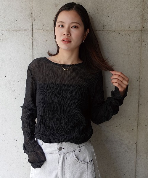 CORNERS（コーナーズ）の「袖ギャザープリーツラメトップス（Tシャツ/カットソー・レディース・ブラック/チャコールグレー/オフホワイト・M）」の3枚目の写真