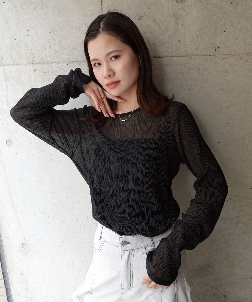 CORNERS（コーナーズ）の「袖ギャザープリーツラメトップス（Tシャツ/カットソー・レディース・ブラック/チャコールグレー/オフホワイト・M）」の7枚目の写真