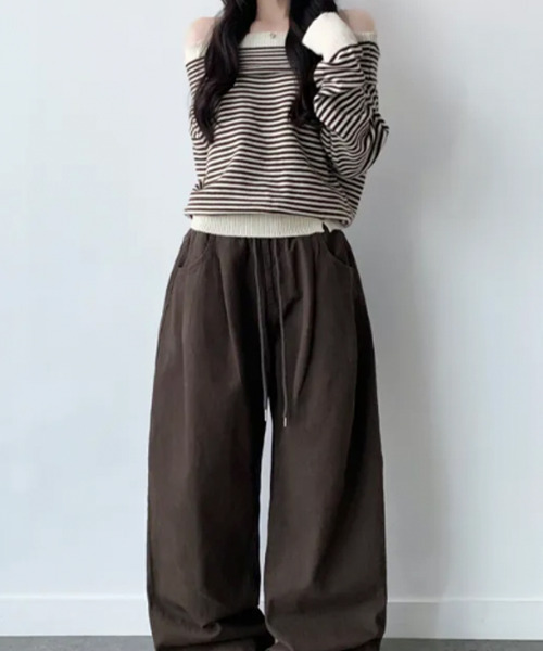 VIVID LADY（ビビッドレディー）の「配色 オフショルダー  ボーダー リブニット（ニット/セーター・レディース・ブラウン/ブラック・FREE）」の9枚目の写真