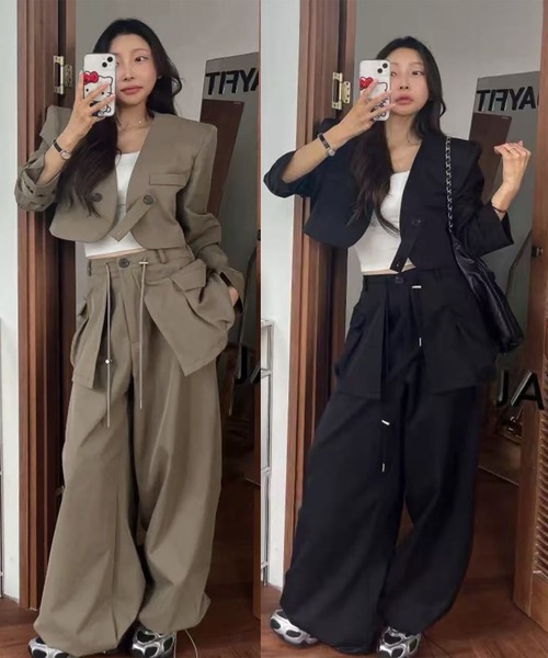 Doula Doula（ドゥーラドゥーラ）の「【セットアップ】ショート丈ジャケット&ワンドパンツ 上下2点セット（セットアップ・レディース・ブラック/ベージュ・M/L）」の7枚目の写真