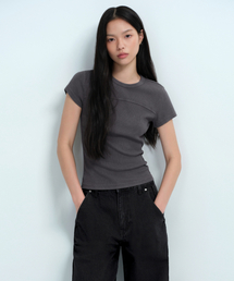 ウィメンズリブドピグメントスリムTシャツ[ダークグレー]