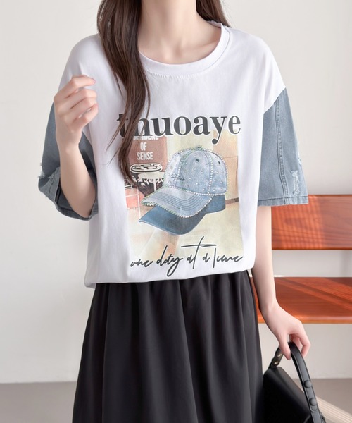 ABITOKYO(アビトーキョー)の「デニム袖切替プリントプルオーバー(Tシャツ/カットソー・レディース・ブラック/ホワイト・FREE)」の2枚目の写真