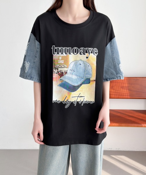 ABITOKYO(アビトーキョー)の「デニム袖切替プリントプルオーバー(Tシャツ/カットソー・レディース・ブラック/ホワイト・FREE)」の3枚目の写真