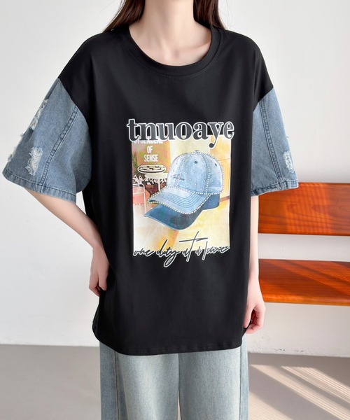 ABITOKYO(アビトーキョー)の「デニム袖切替プリントプルオーバー(Tシャツ/カットソー・レディース・ブラック/ホワイト・FREE)」の4枚目の写真